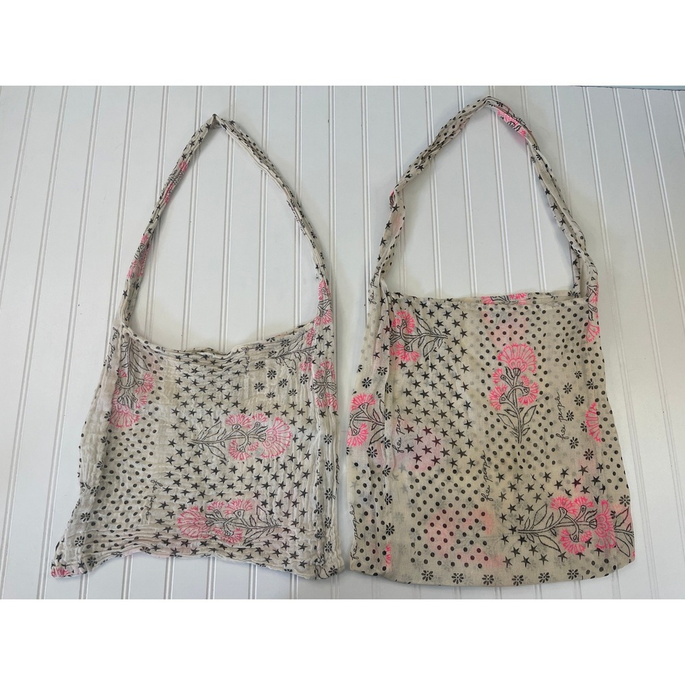Free People Reusable Tote Bag Set 2pc Pink Floral Star Polka Dot Gauze Boho